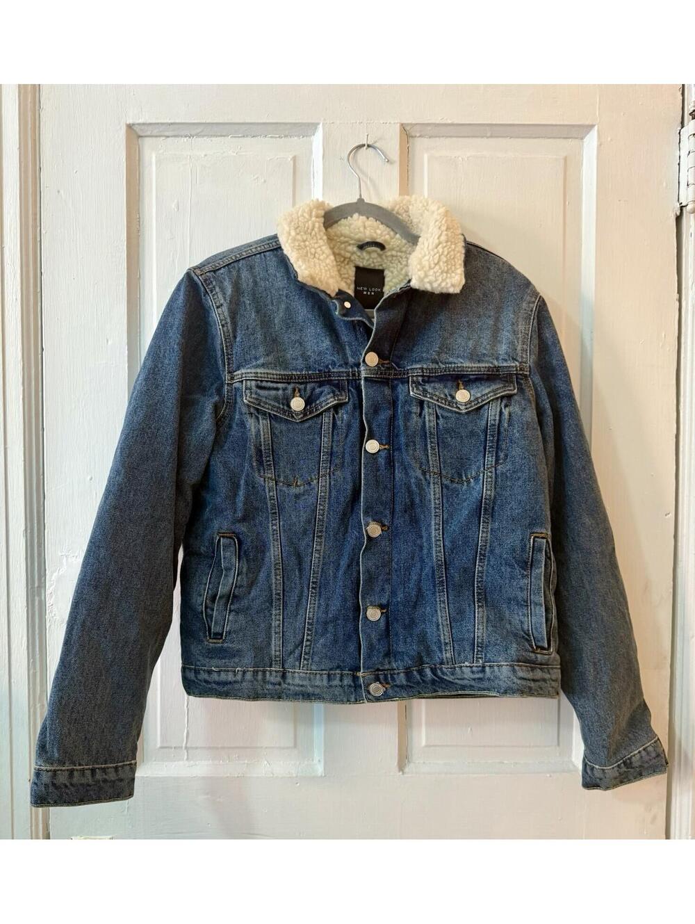 New Look Men Sherpa Lined Denim Trucker Jacket Blue Cream Collar Size L